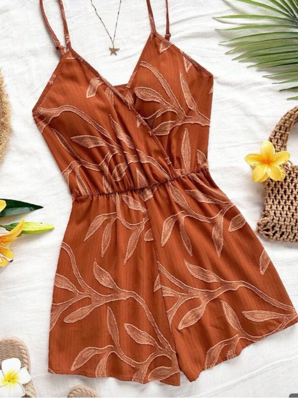 Rust Leaf Print Spaghetti Strap Romper